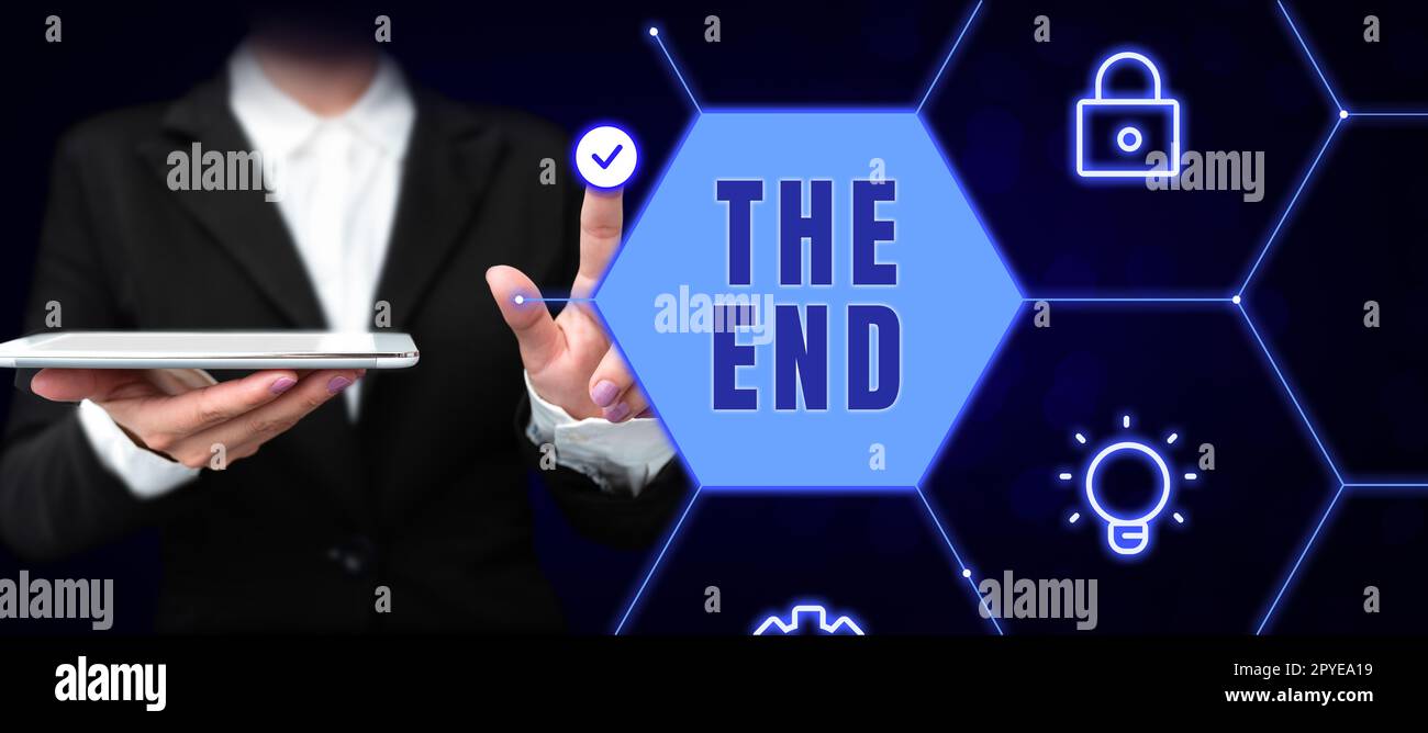 Conceptual display The End. Business showcase Final part of play relationship event movie act Finish Conclusion Stock Photo