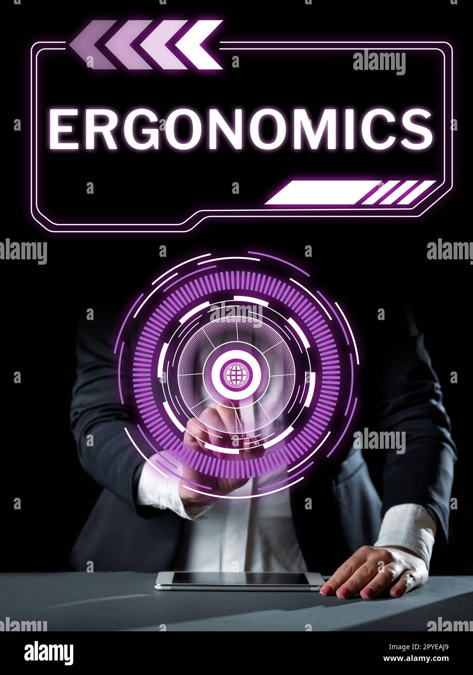 Text caption presenting Ergonomics. Word for fitting or designing a workplace to the user's needs Stock Photo