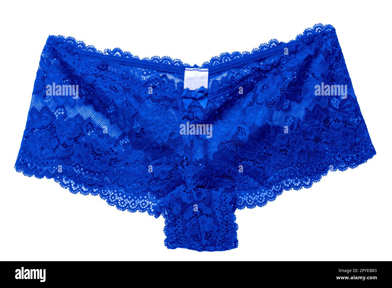 Underwear woman isolated. Close-up of luxurious elegant blue lacy thongs panties isolated. Clipping path. erotic lace fashion. Women sexy lingerie, ladies sexy nightwear. Stock Photo