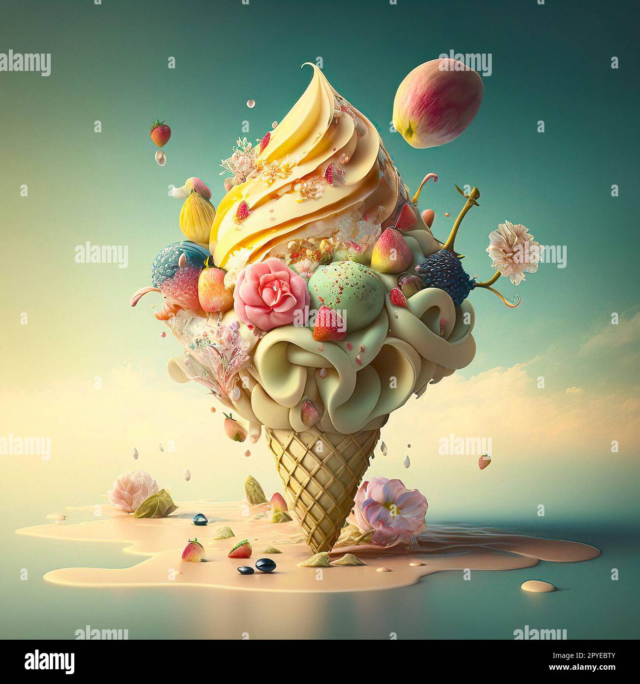 A Colorful Ice Cream Cone with Mouthwatering Toppings and Fruits on A Pastel Yellow-Green Background, with Melted Ice Cream around it Stock Photo