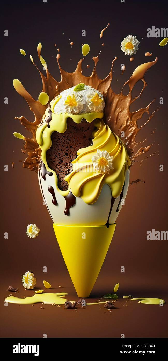 A Colorful and Whimsical Ice Cream Sundae in a Cone Overflows with Layers of Chocolate and Yellow Cream and an Assortment of Toppings, Exuding Joy and Indulgence Stock Photo