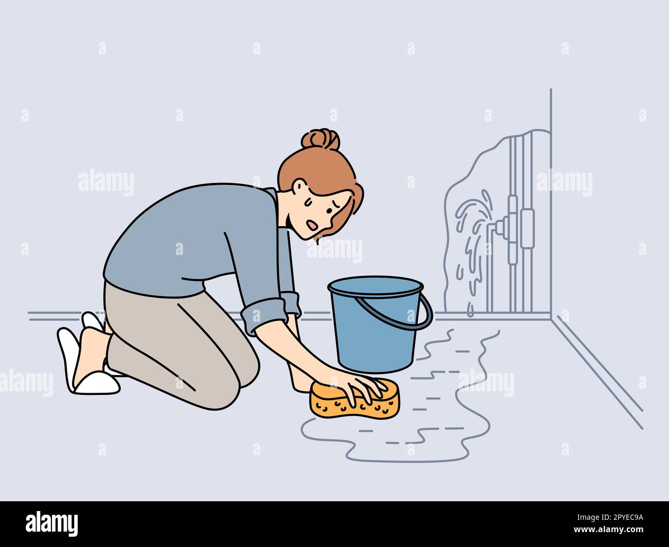 Worried woman cleaning water on floor from broken pipe. Anxious