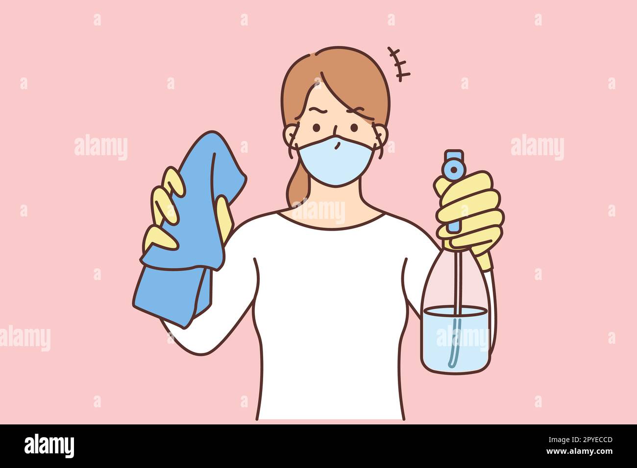 Woman in face mask hold detergents in hands ready for cleaning. Female housekeeper with liquid and cloth. Housekeeping concept. Vector illustration. Stock Photo