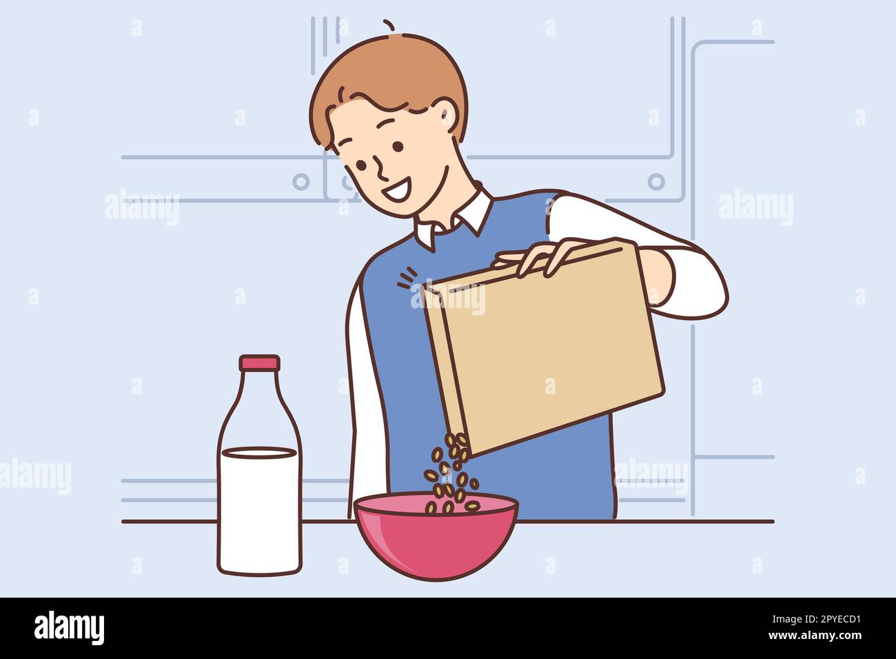 Smiling man eat cereal with milk at home. Happy guy prepare healthy granola  for breakfast. Diet and nutrition. Vector illustration Stock Photo - Alamy, image size:1300x956