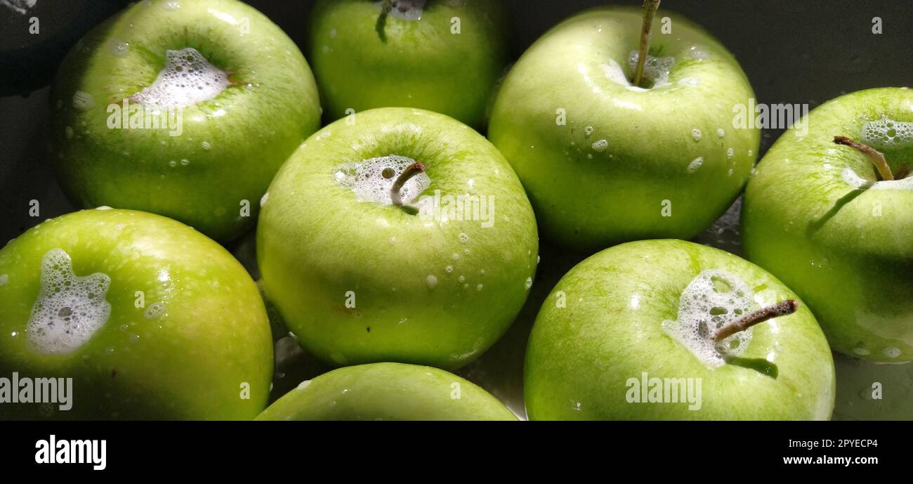 Wet soapy green apples. Thoroughly wash vegetables and fruits with water and soap. Prevention of infectious diseases. Apples closeup. Vegetarianism. Soapy foam sparkles in sunlight Stock Photo