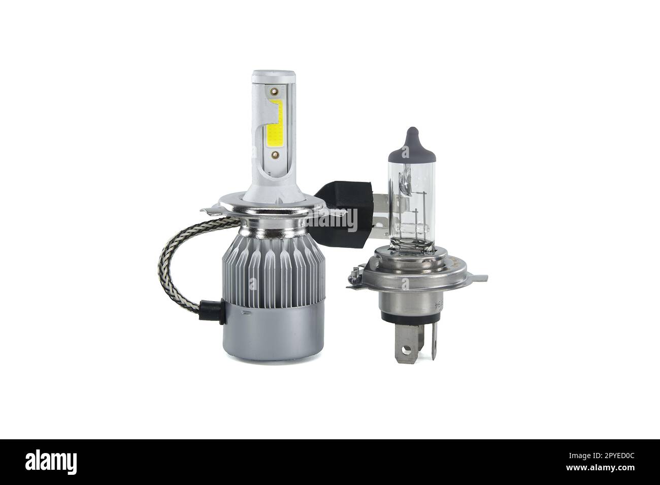 H4 halogen lamp and LED headlight bulb on white Stock Photo