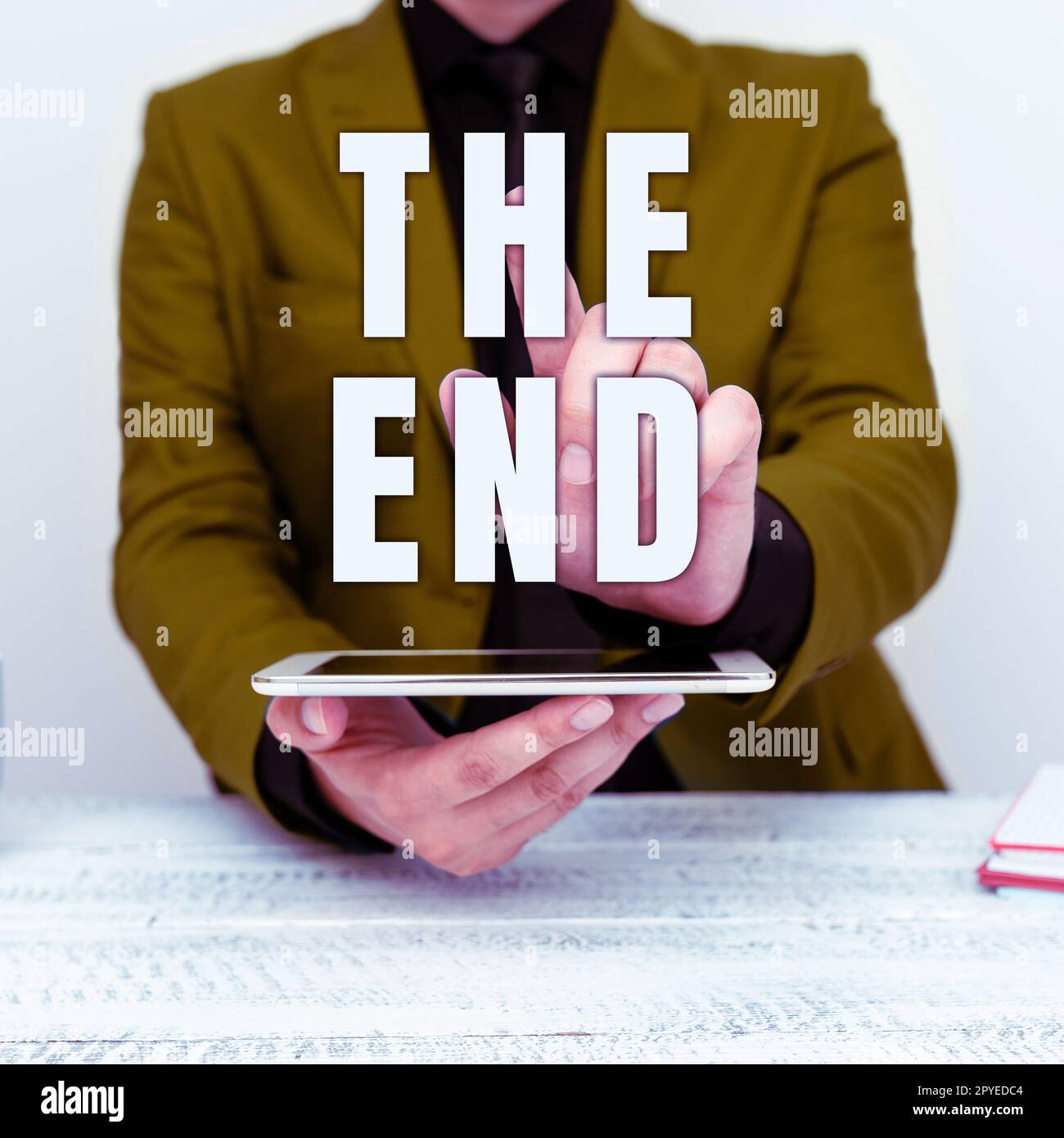Writing displaying text The End. Business overview Final part of play relationship event movie act Finish Conclusion Stock Photo