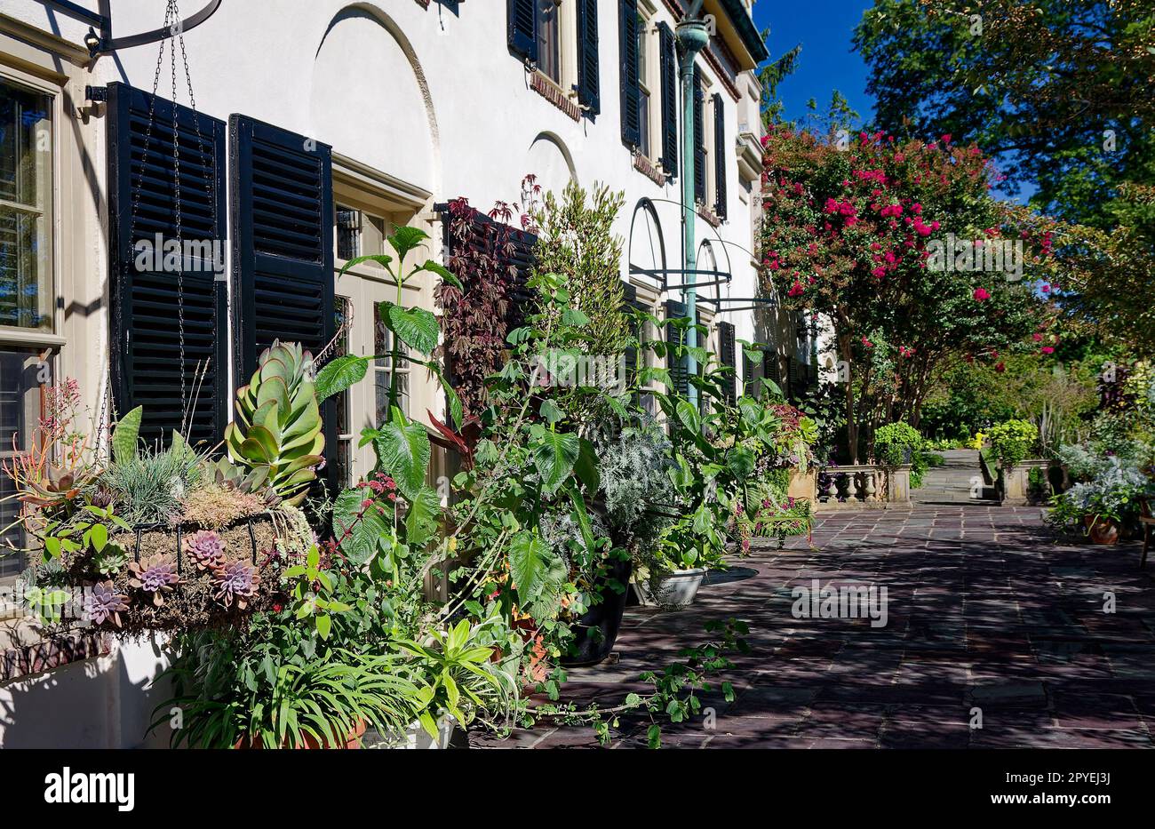 Chanticleer House, 1913, antique, white, black shutters, tile porch, decorative railing, hanging plants, shrubs, trees, tranquil, Pennsylvania; Chanti Stock Photo