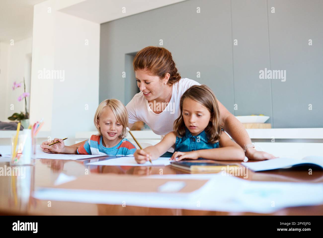 Make your home a happy learning environment. a young mother helping her two small children with their homework at home. Stock Photo