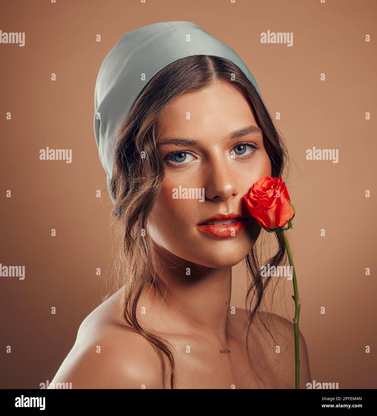 Rose, woman and face with natural beauty, skincare and luxury cosmetics