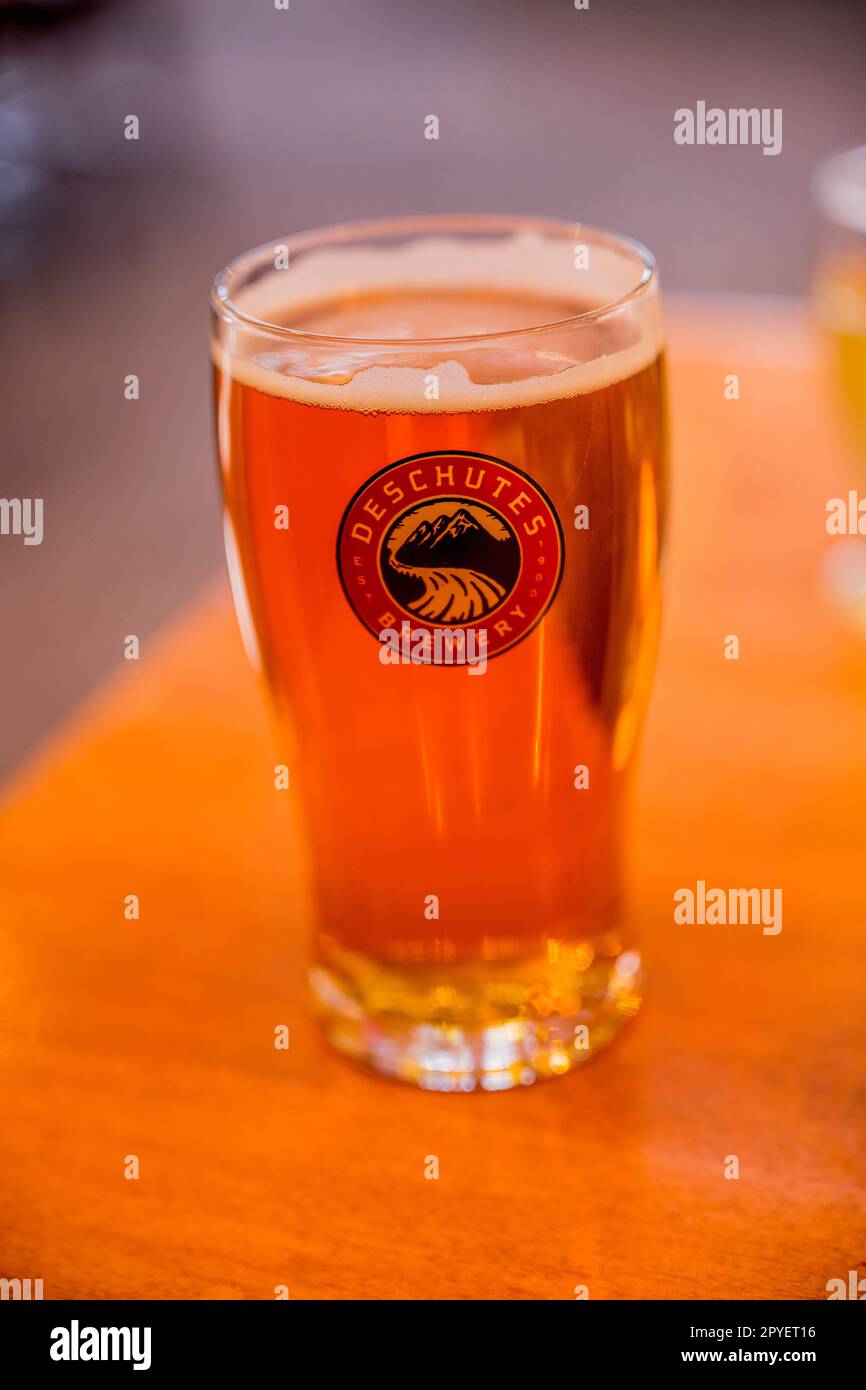 A glass of IPA beer at the Deschutes Brewery in the Old Town Historic