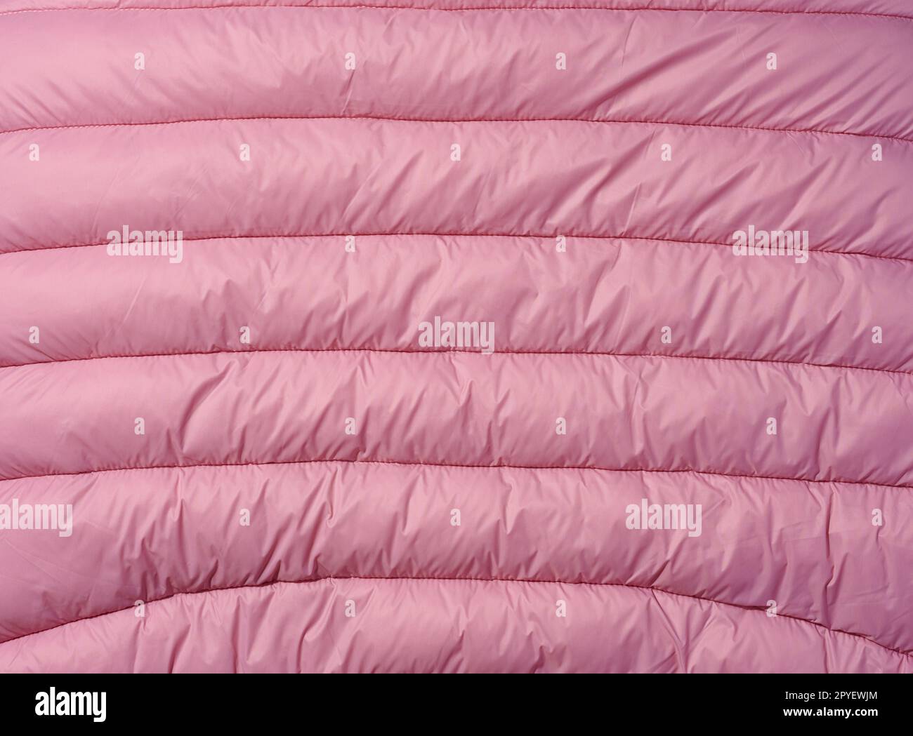 A fragment of pink fabric with down filling and stitching, fabric for jackets and coats. Stock Photo