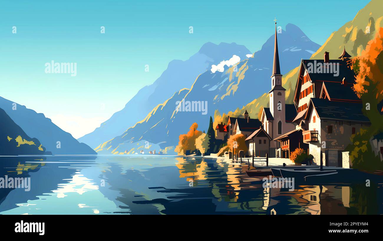 Illustration of beautiful view of Hallstatt, Austria Stock Photo - Alamy