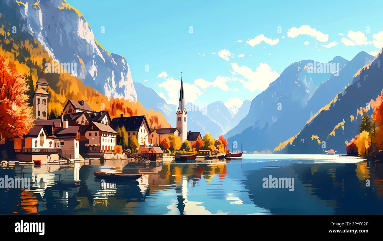 Illustration of beautiful view of Hallstatt, Austria Stock Photo - Alamy