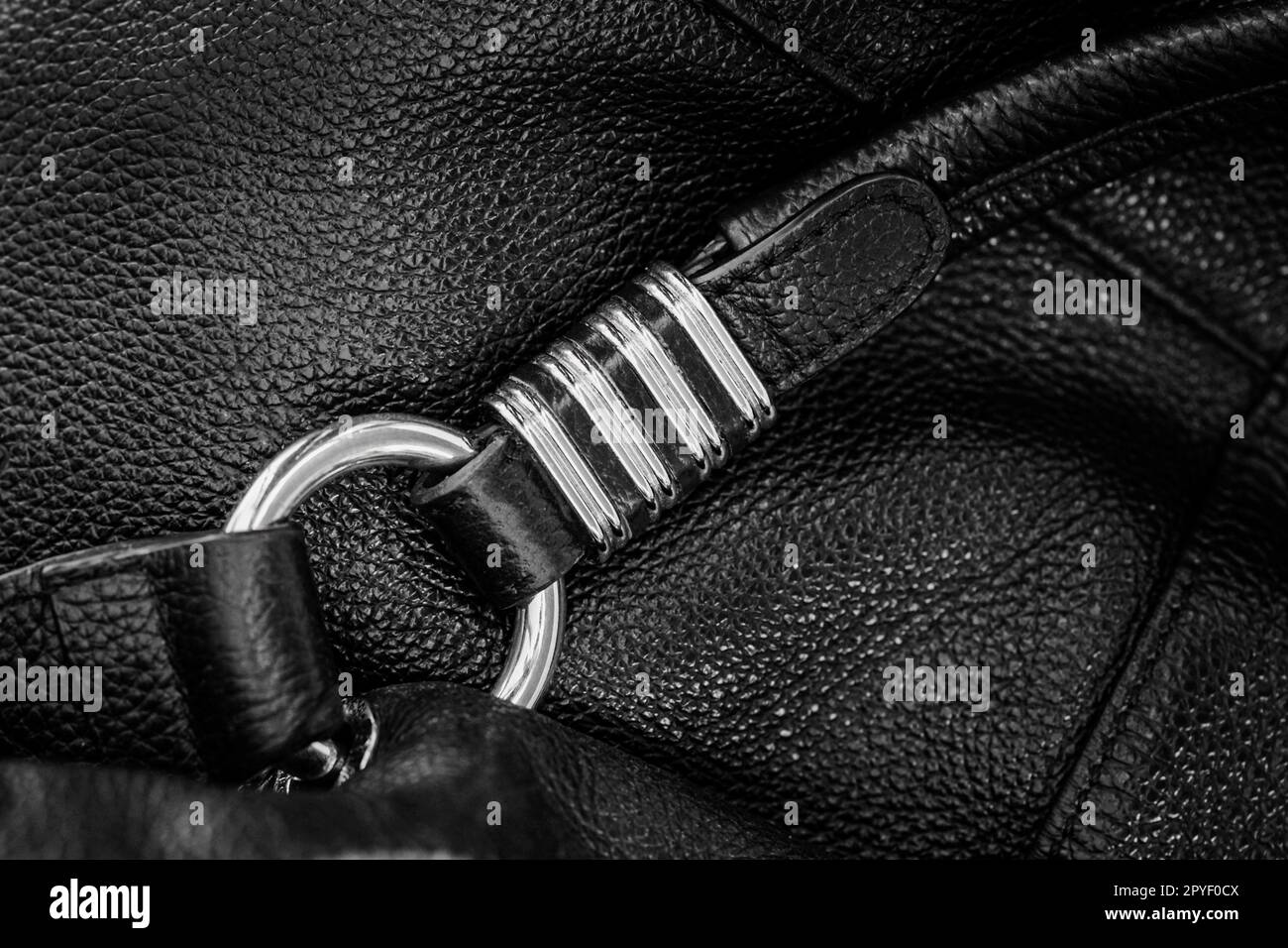 Silver bag buckle, metal detail of leather handbag close-up, blur background. Selective focus Stock Photo