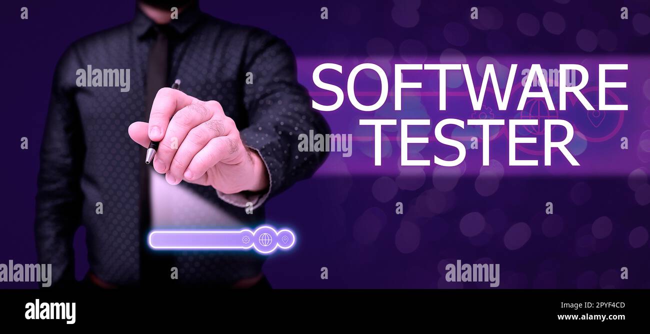Sign displaying Software Tester. Word Written on implemented to protect software against malicious attack Stock Photo