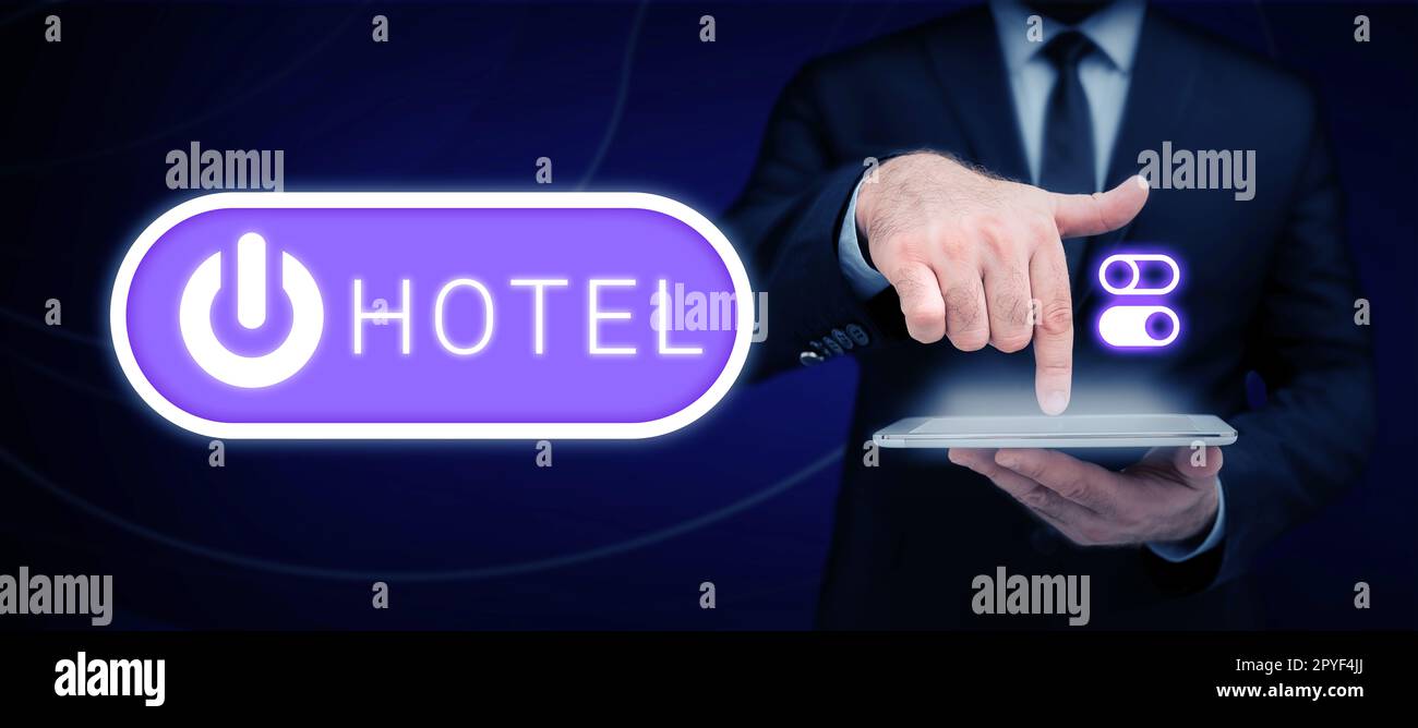 Hand writing sign Hotel. Business showcase establishment providing accommodation meals services for travellers Stock Photo