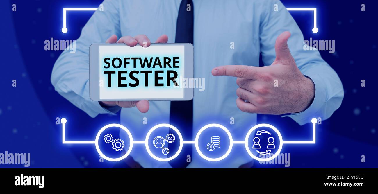 Hand writing sign Software Tester. Business approach implemented to protect software against malicious attack Stock Photo