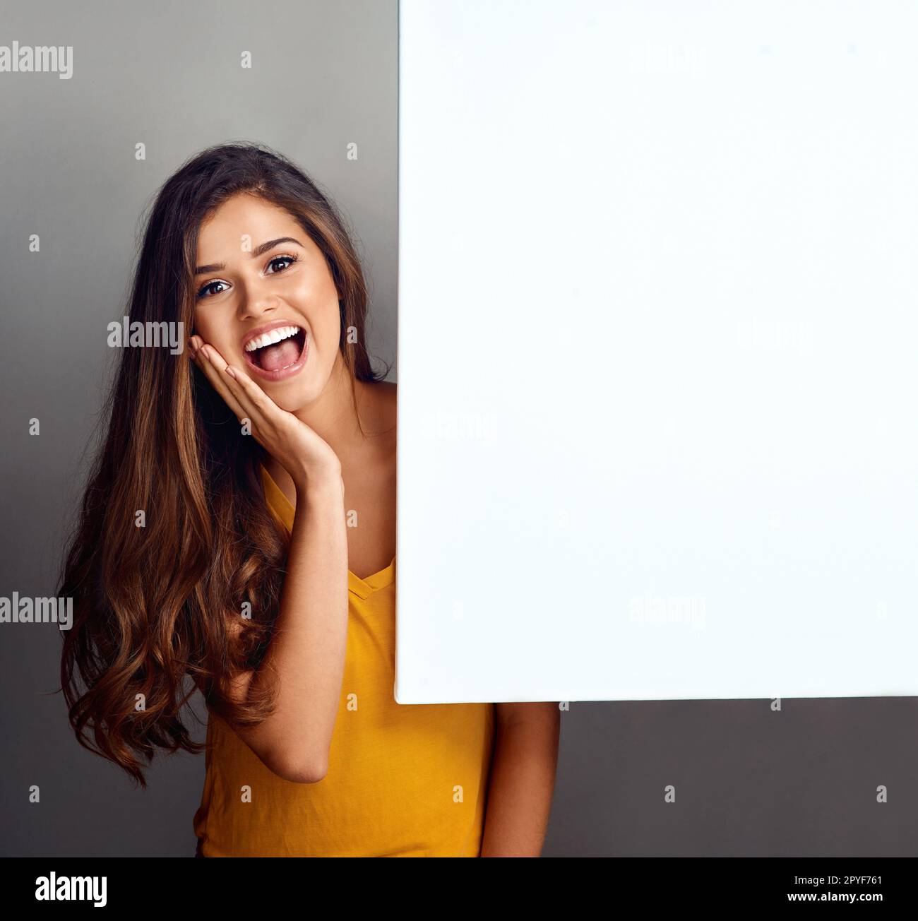 I cant believe the big news. Studio portrait of an attractive young woman standing alongside a blank placard against a grey background. Stock Photo