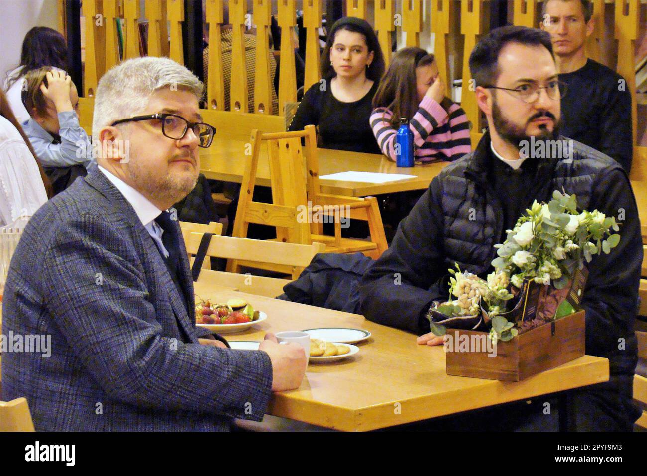 Stockholm, Sweden. 22nd Dec, 2022. STOCKHOLM, SWEDEN - MAY 01, 2023 - Ambassador Extraordinary and Plenipotentiary of Ukraine to the Kingdom of Sweden Andriy Plakhotnyuk and parish priest of the Ukrainian Greek Catholic Church in Sweden Andriy Melnychuk are pictured during the parish holiday, Stockholm, Sweden. Credit: Ukrinform/Alamy Live News Stock Photo