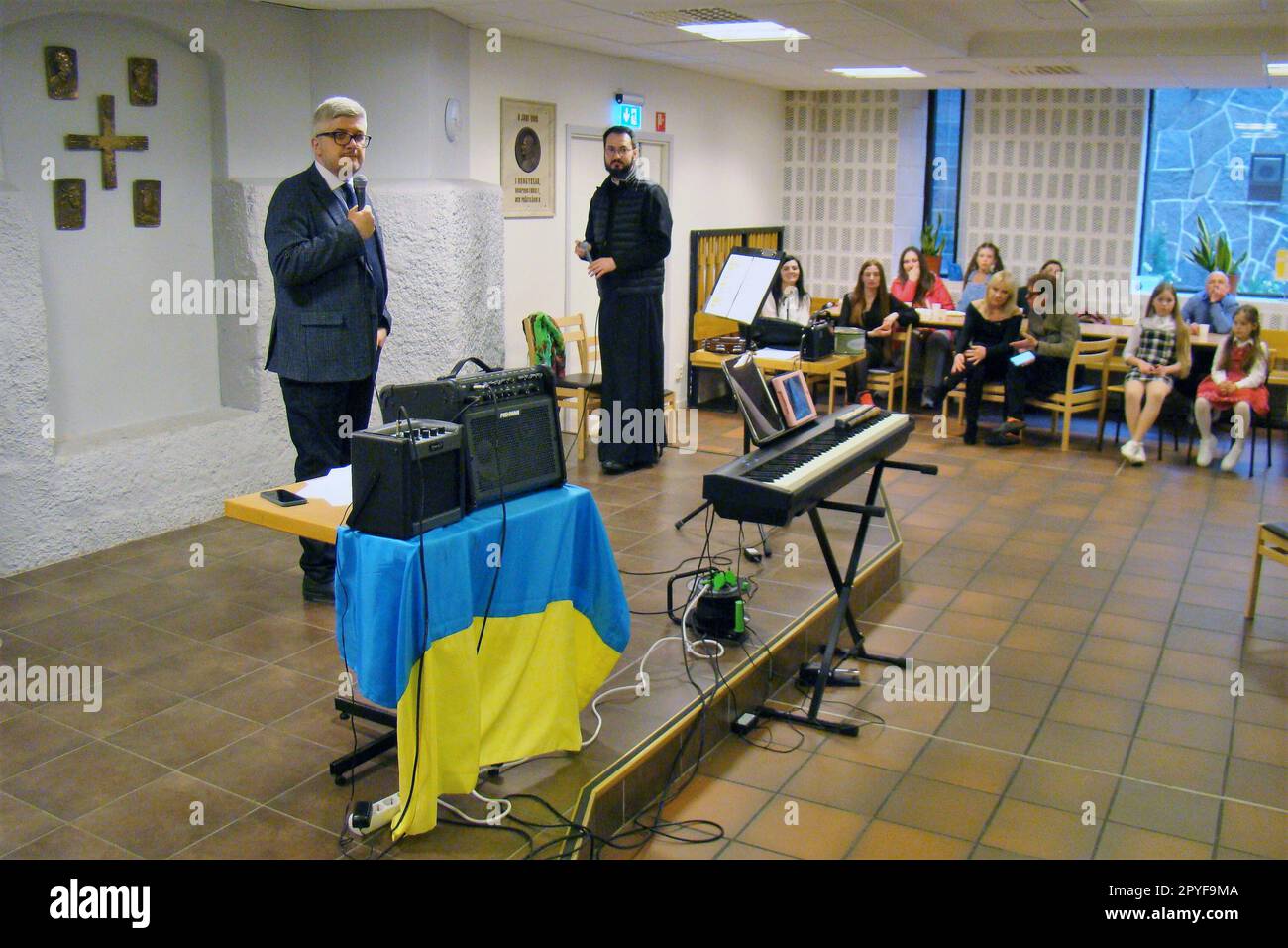 Stockholm, Sweden. 22nd Dec, 2022. STOCKHOLM, SWEDEN - MAY 01, 2023 - Ambassador Extraordinary and Plenipotentiary of Ukraine to the Kingdom of Sweden Andriy Plakhotnyuk and parish priest of the Ukrainian Greek Catholic Church in Sweden Andriy Melnychuk are pictured during the parish holiday, Stockholm, Sweden. Credit: Ukrinform/Alamy Live News Stock Photo