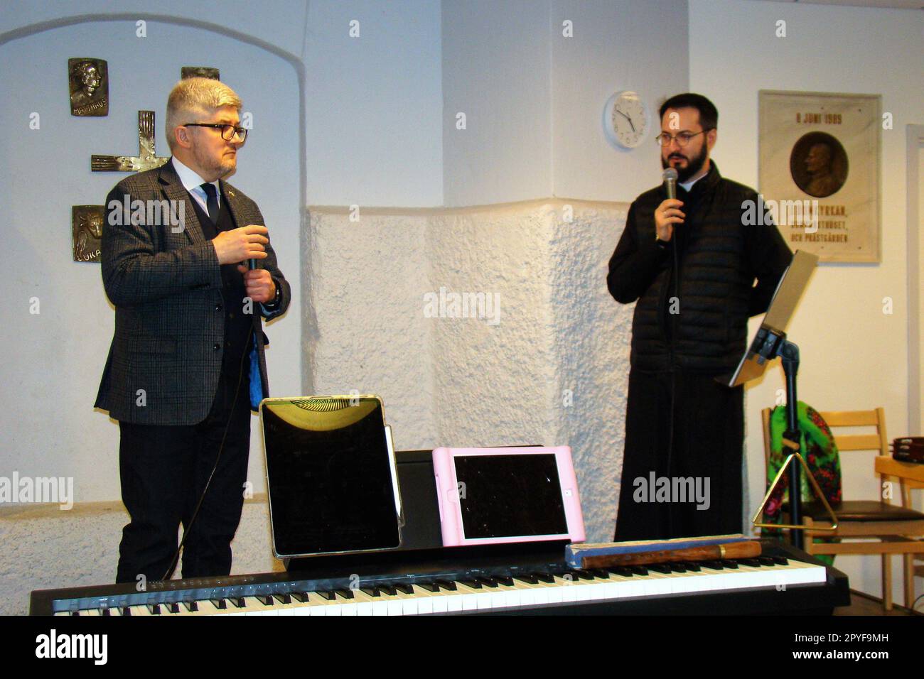 Stockholm, Sweden. 22nd Dec, 2022. STOCKHOLM, SWEDEN - MAY 01, 2023 - Ambassador Extraordinary and Plenipotentiary of Ukraine to the Kingdom of Sweden Andriy Plakhotnyuk and parish priest of the Ukrainian Greek Catholic Church in Sweden Andriy Melnychuk are pictured during the parish holiday, Stockholm, Sweden. Credit: Ukrinform/Alamy Live News Stock Photo