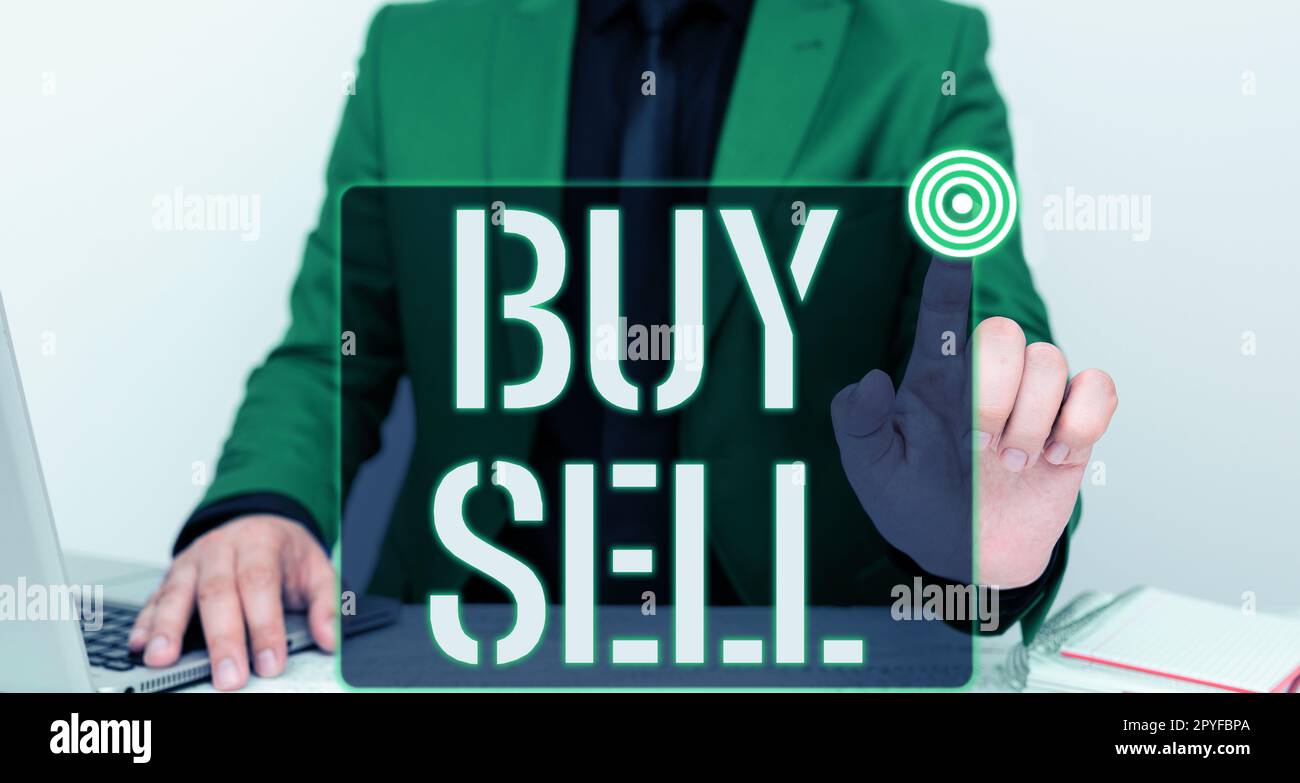 Conceptual display Buy Sell. Business overview The buying and selling of goods and services Trading Merchandising Stock Photo