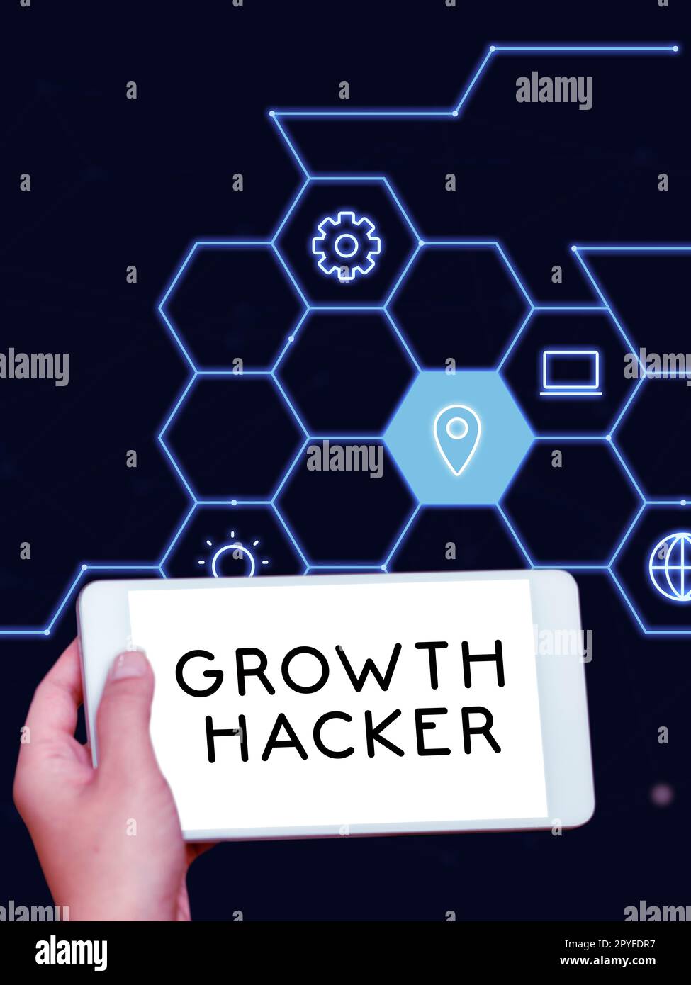 Text caption presenting Growth Hacker. Word for generally to acquire as many users or customers as possible Stock Photo