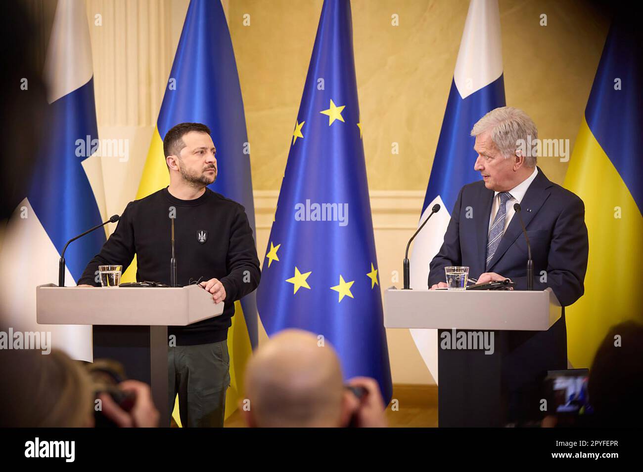 Helsinki, Finland. 03rd May, 2023. Volodymyr Zelenskiy, Ukraine's president, left, and Sauli Niinisto, Finland's president, during a joint news conference following a summit of Nordic leaders in Helsinki, Finland, on Wednesday, May 3, 2023. Zelenskiy is making a surprise visit to Finland on Wednesday to join the prime ministers of the Nordic nations to discuss their plans to back the country against Russian aggression. Photo by Ukrainian President Press Office/UPI. Credit: UPI/Alamy Live News Stock Photo