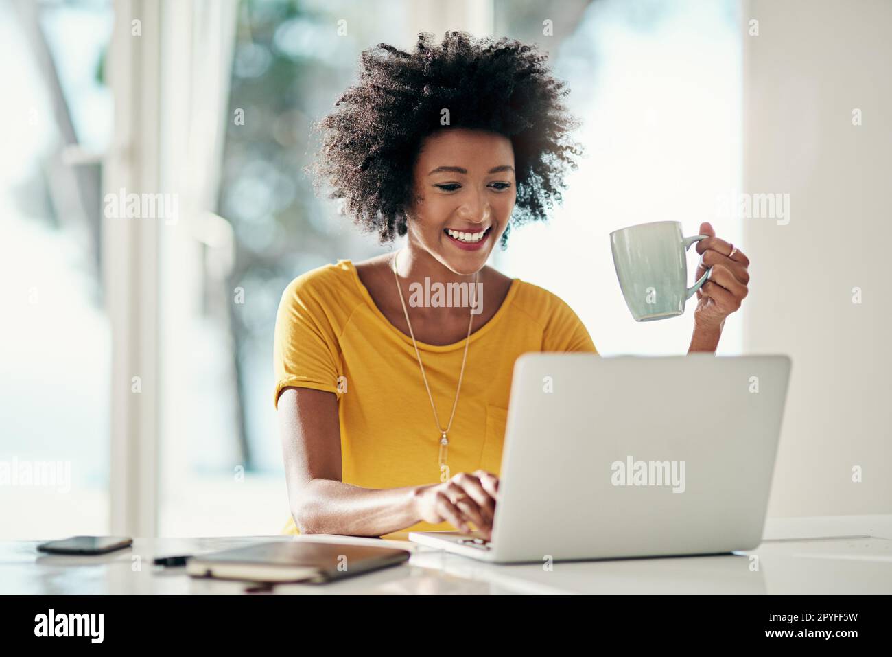 Working on her self-owned business. an attractive young woman working on her laptop at home. Stock Photo