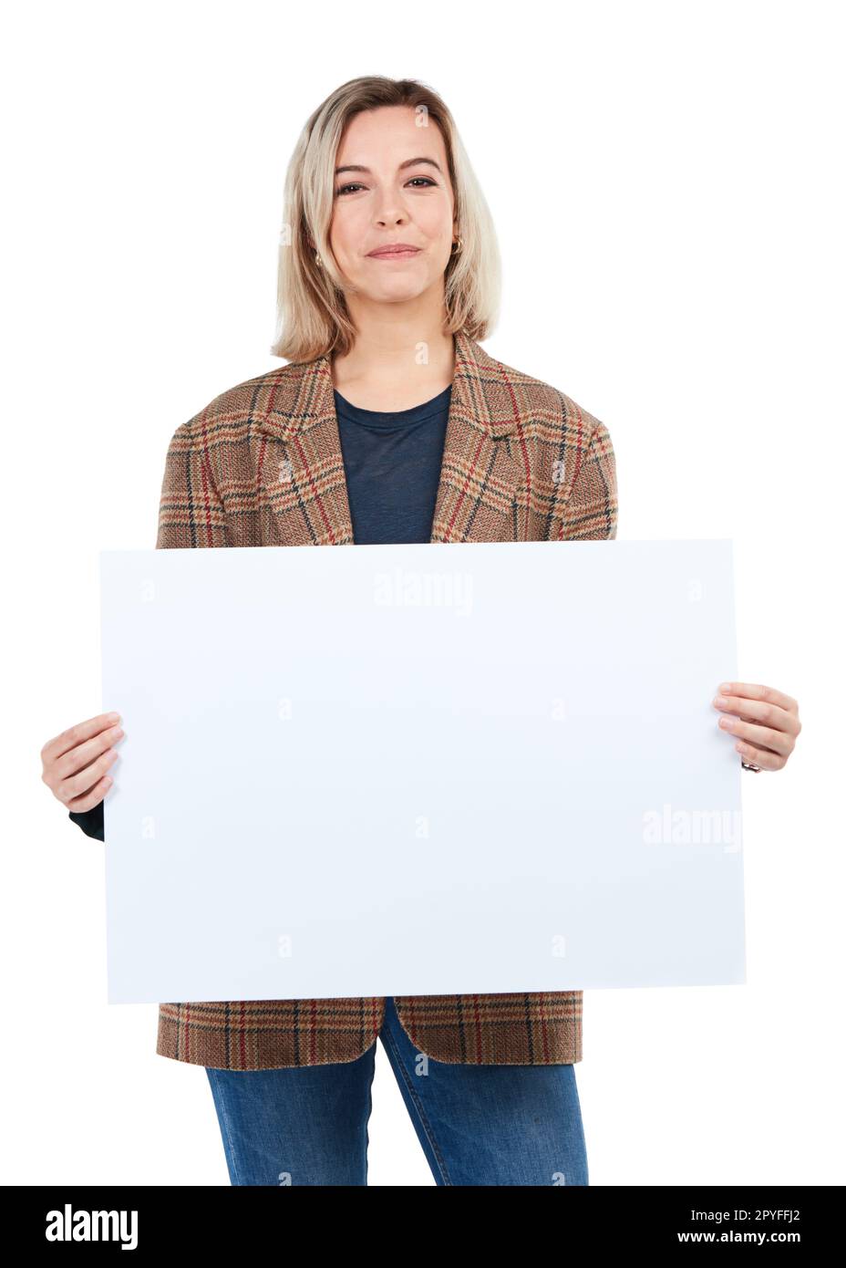 Woman holding up blank sign hi-res stock photography and images - Alamy