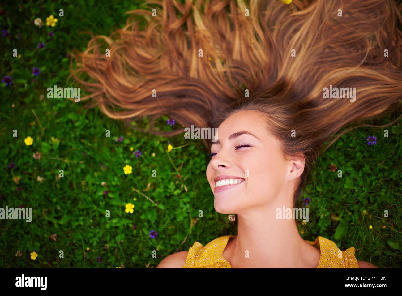 Hair extraordinaire. High angle shot of a carefree young woman relaxing in a field of grass and flowers. Stock Photo