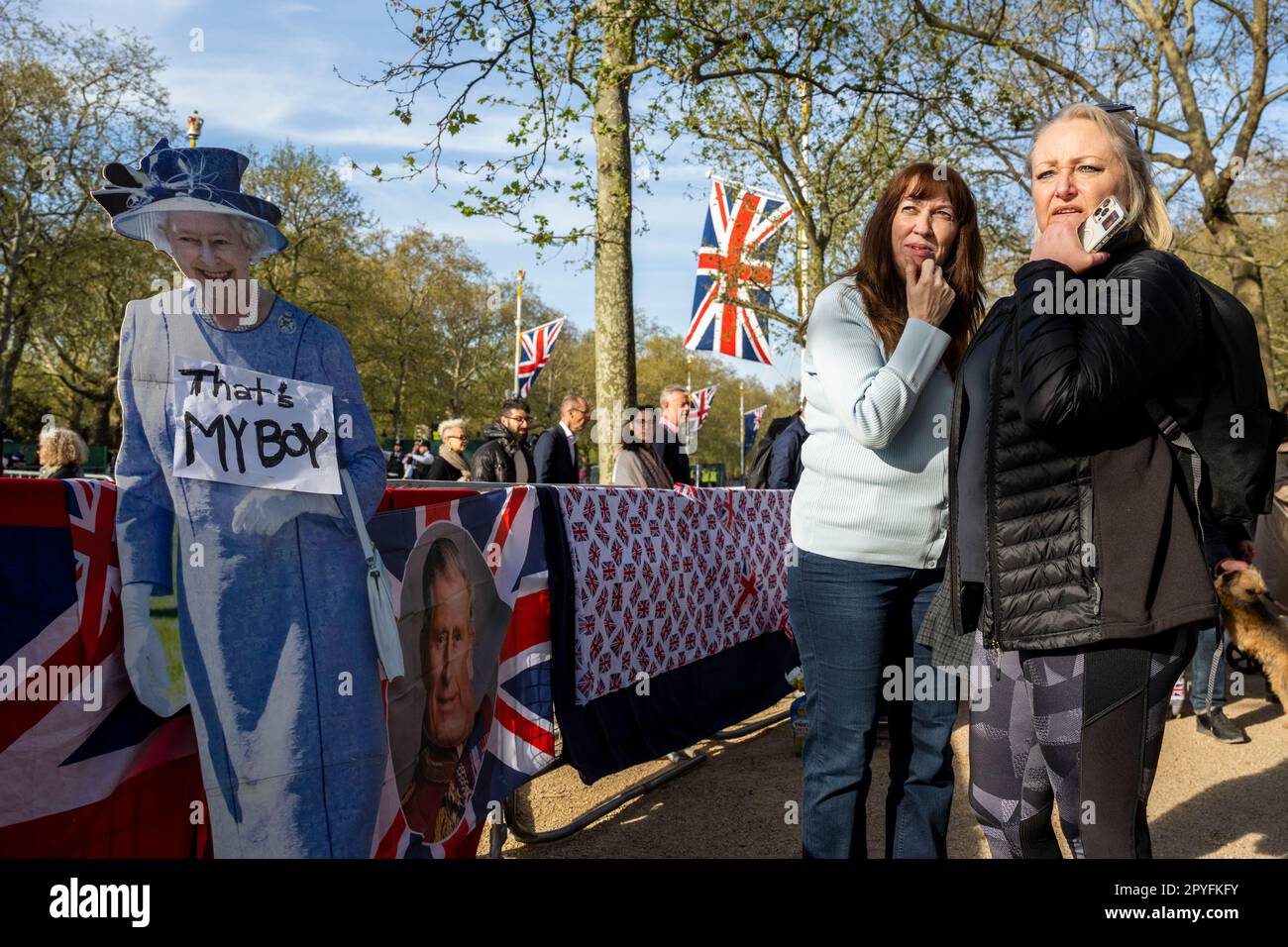 London, UK.  3 May 2023.  Tourists next to a cardboard cutout on The Mall of the late Queen that carries a sign ‘That’s My Boy ahead of the coronation of King Charles III and Queen Camilla on 6 May.     Credit: Stephen Chung / Alamy Live News Stock Photo