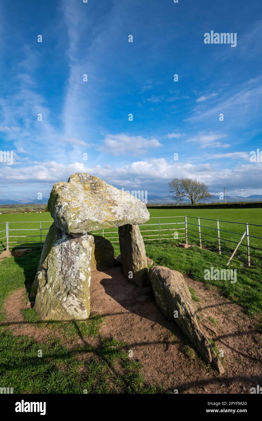 Bodowyr burial chamber situated near Llangaffo on the Island of Anglesey. A neolithic ancient monument in North Wales. Stock Photo
