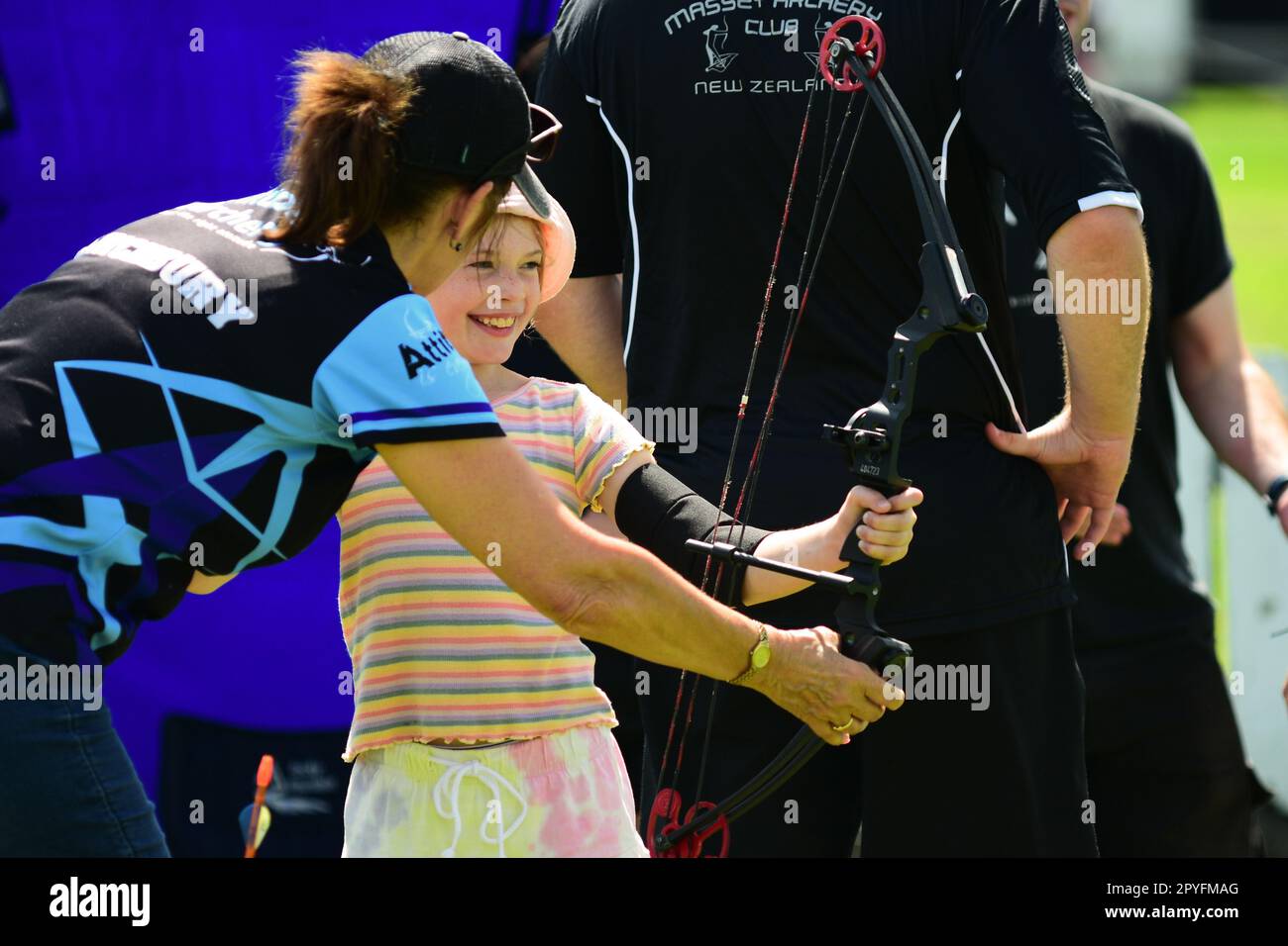 Auckland, New Zealand - Mar 2023. Hobby archers practicing in a public park. Stock Photo