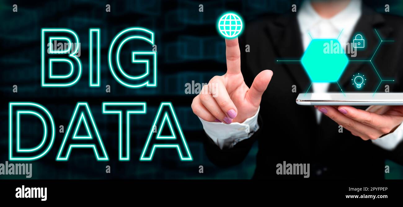 Text caption presenting Big Data. Word for sets that so complex that traditional software cant deal with them Stock Photo