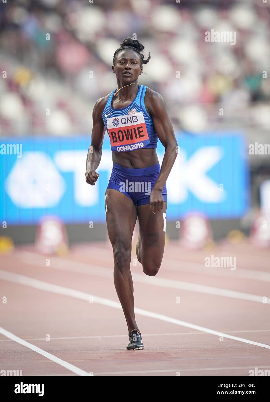 Tori Bowie running the 100m at the 2019 World Athletics Championships in Doha Stock Photo Alamy