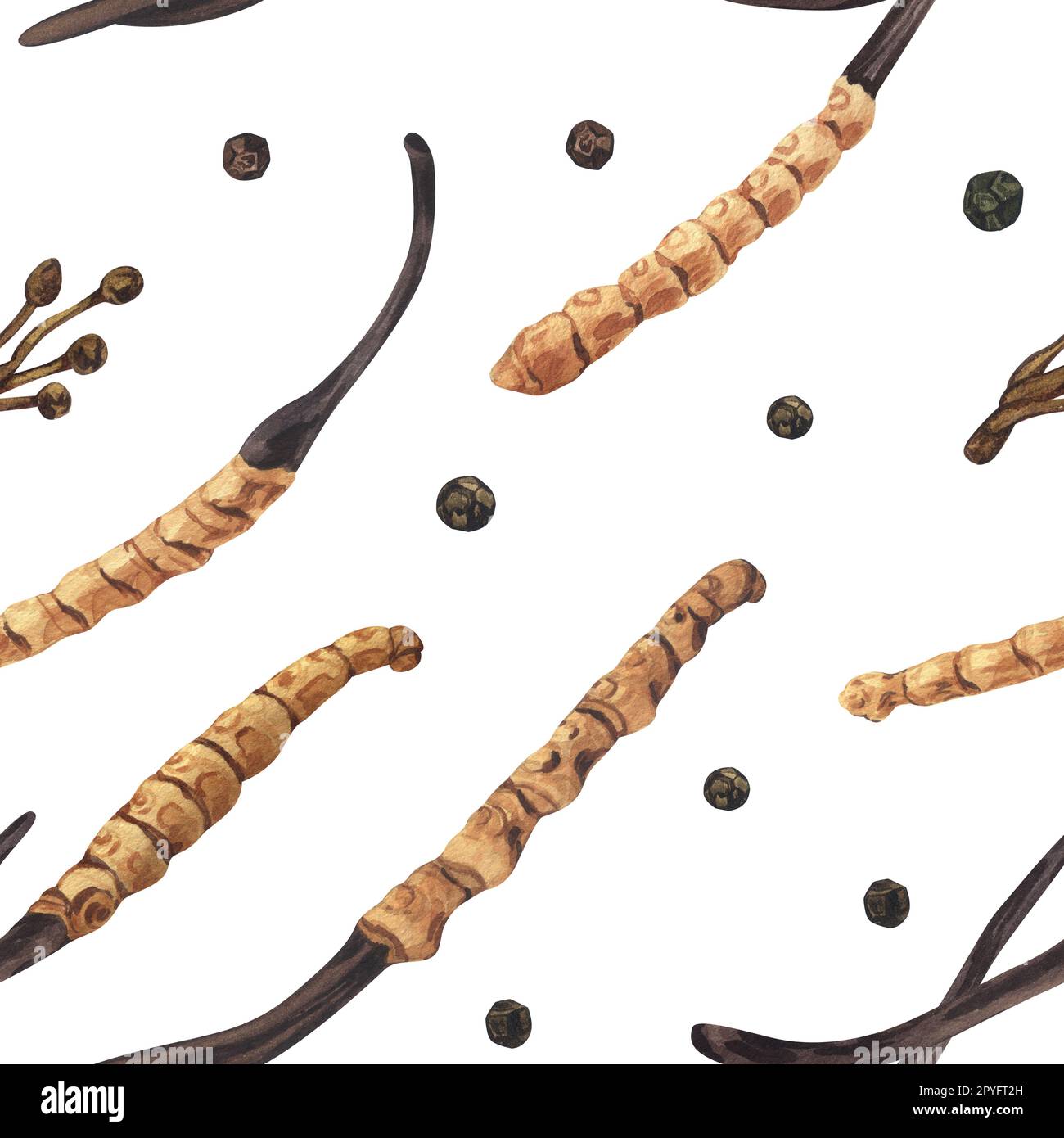 Watercolor seamless pattern dry Cordyceps militaris medicinal mushroom