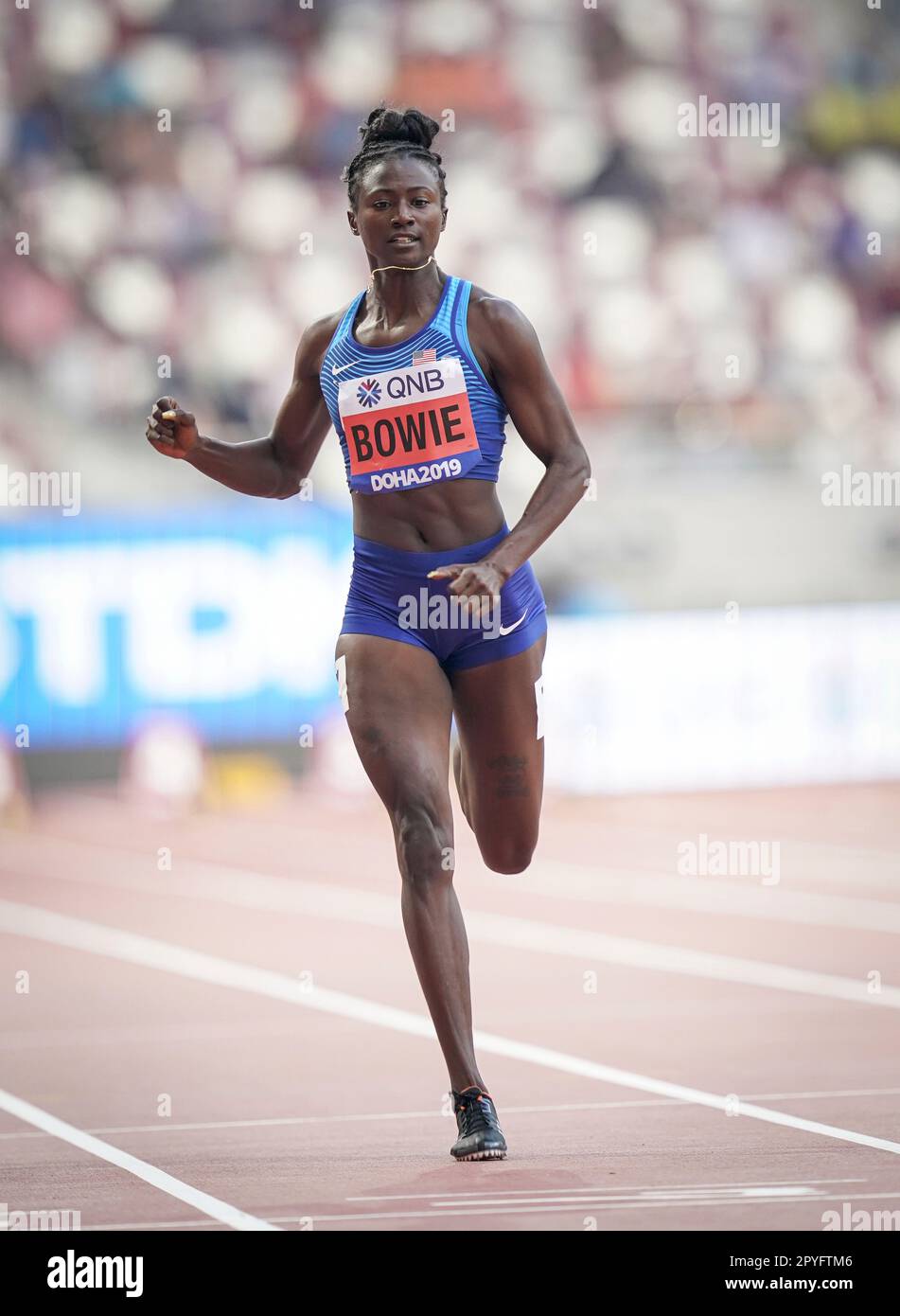 Tori Bowie running the 100m at the 2019 World Athletics Championships