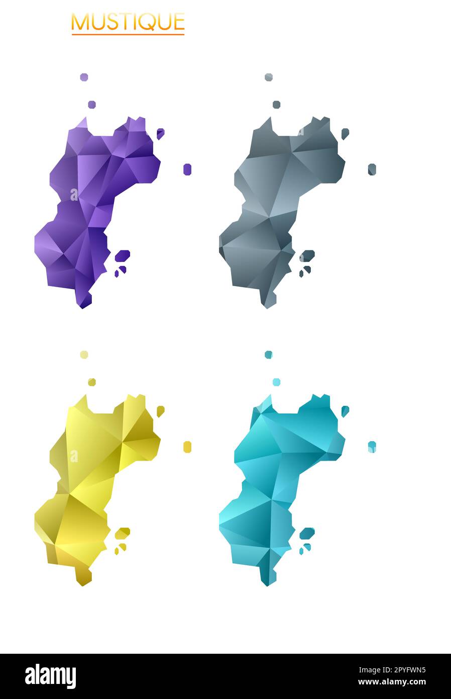 Set of vector polygonal maps of Mustique. Bright gradient map of island ...