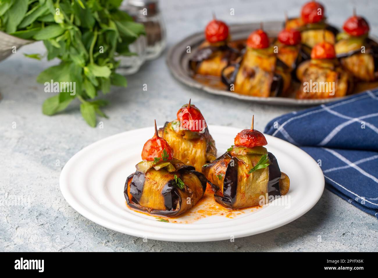 Traditional delicious Turkish food; Kofte kebab wrapped in eggplant