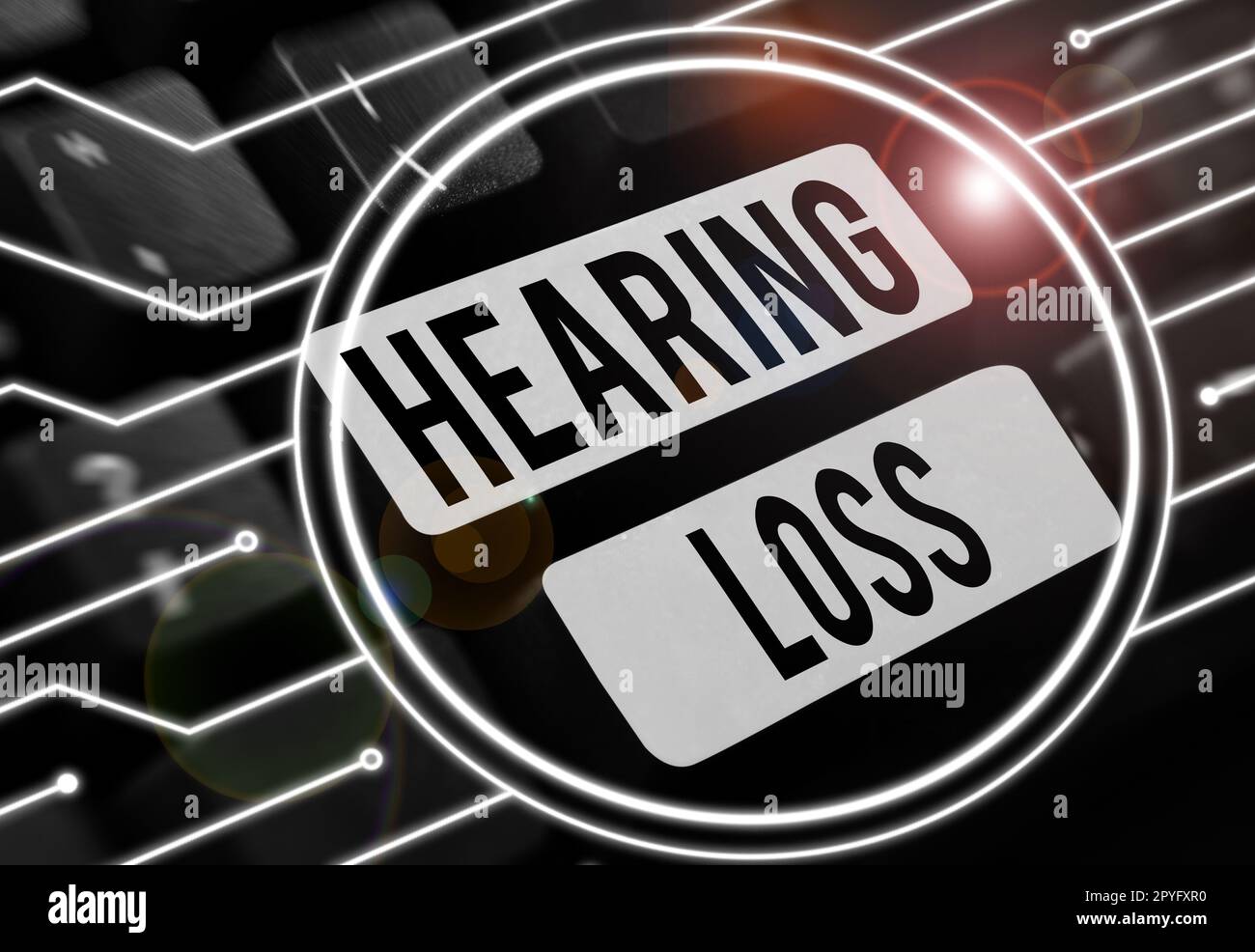 Text caption presenting Hearing Loss. Word for is partial or total inability to listen to sounds normally Stock Photo