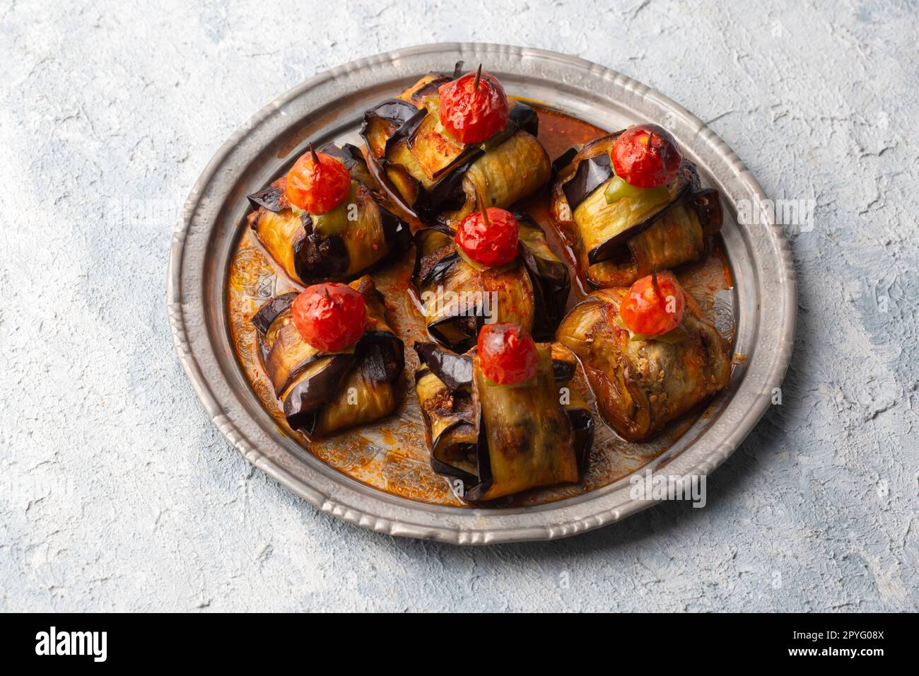 Traditional delicious Turkish food; Kofte kebab wrapped in eggplant