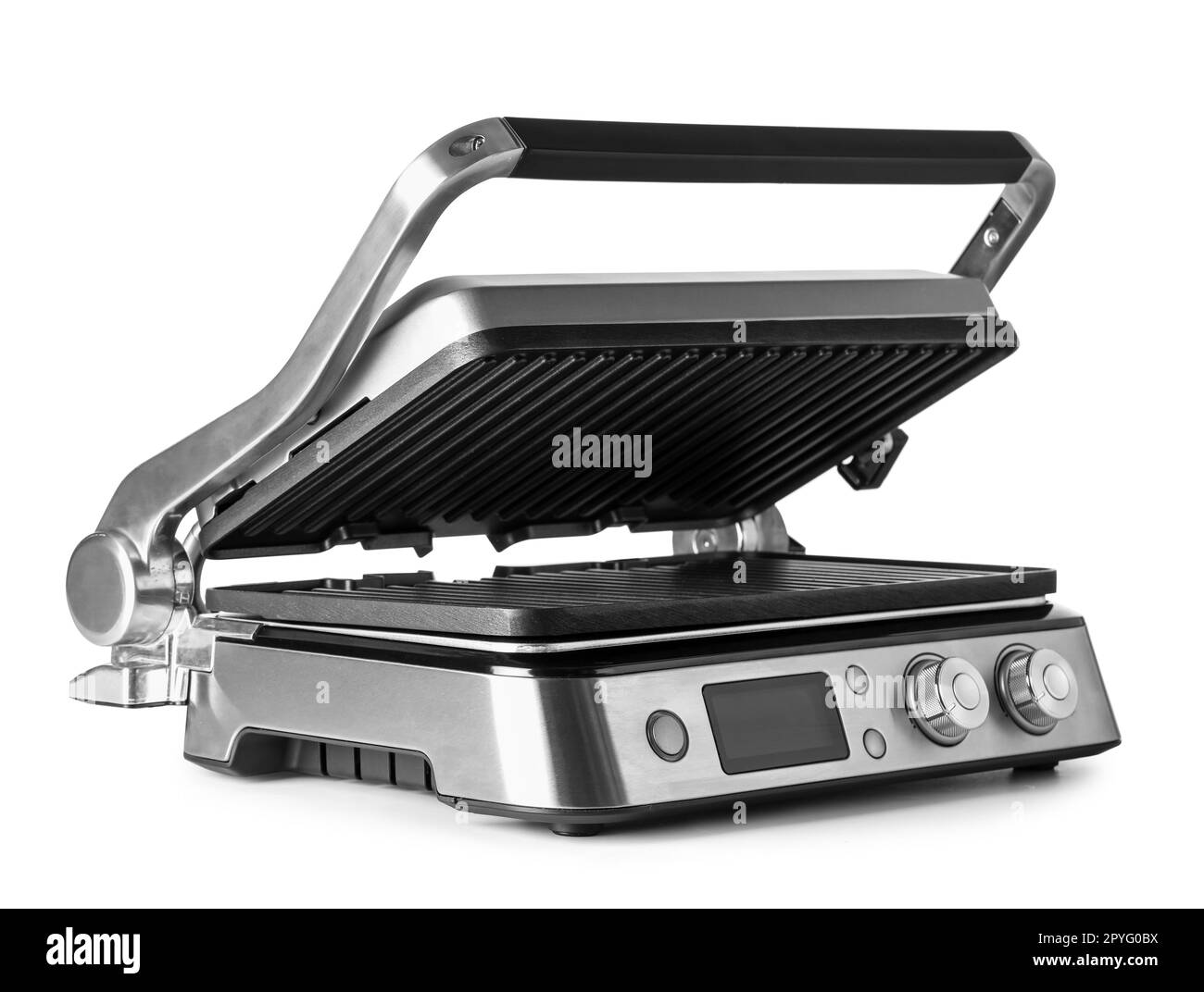New electric grill with open lid on white background Stock Photo Alamy