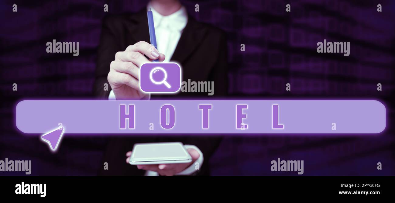 Conceptual display Hotel. Internet Concept establishment providing accommodation meals services for travellers Stock Photo