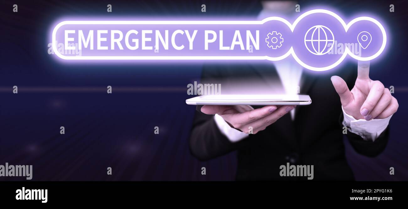 Text caption presenting Emergency Plan. Word for Procedures for response to major emergencies Be prepared Stock Photo