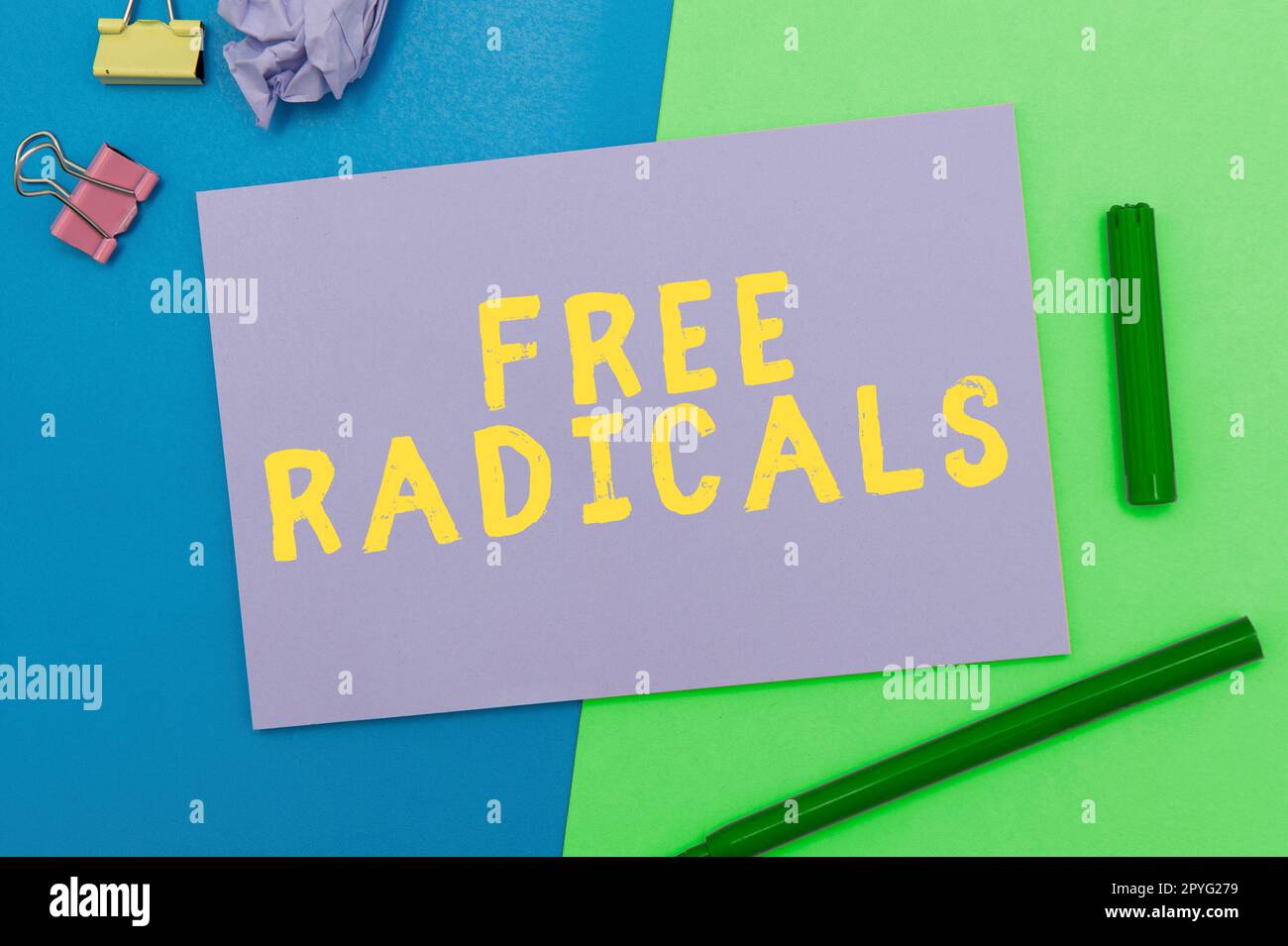 Hand writing sign Free Radicals, Word for produced in body by natural