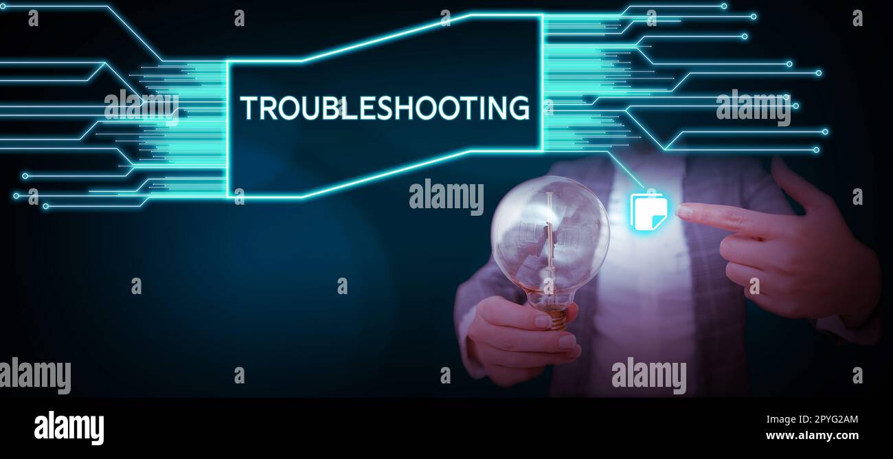 Hand writing sign Troubleshooting. Word for an act of investigating or dealing with in the problems occured Stock Photo