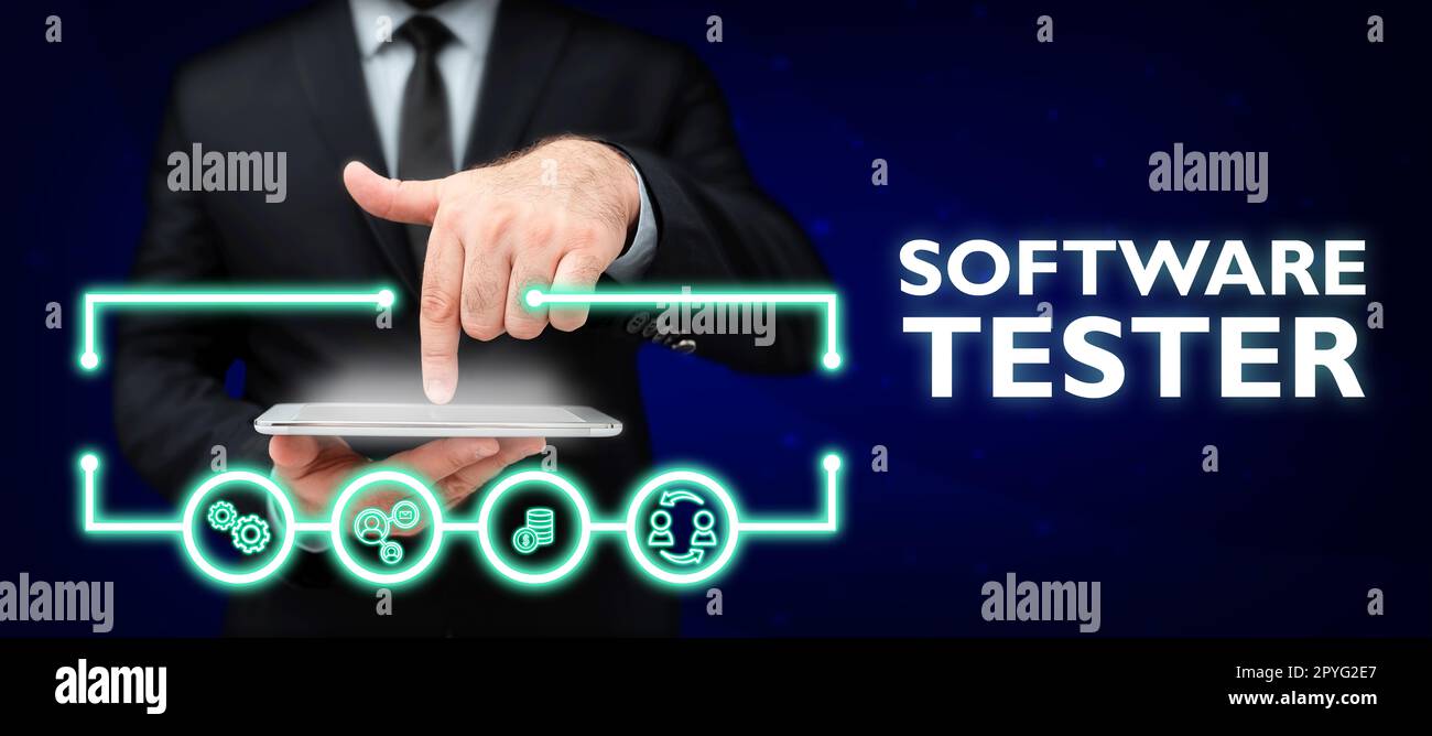 Writing displaying text Software Tester. Business overview implemented to protect software against malicious attack Stock Photo