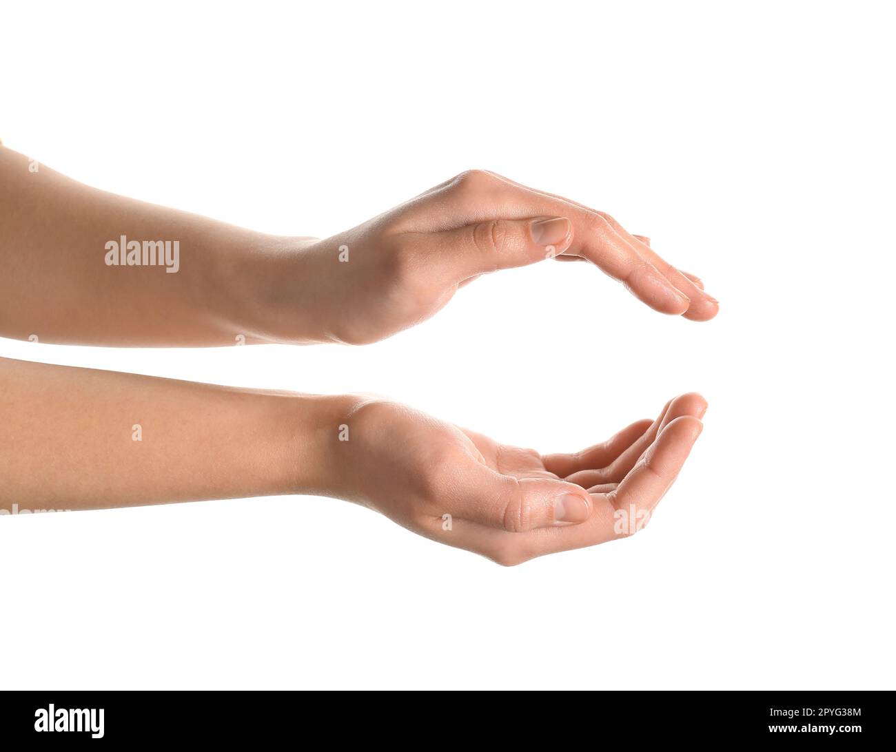 Woman holding sun on white background Stock Photo - Alamy